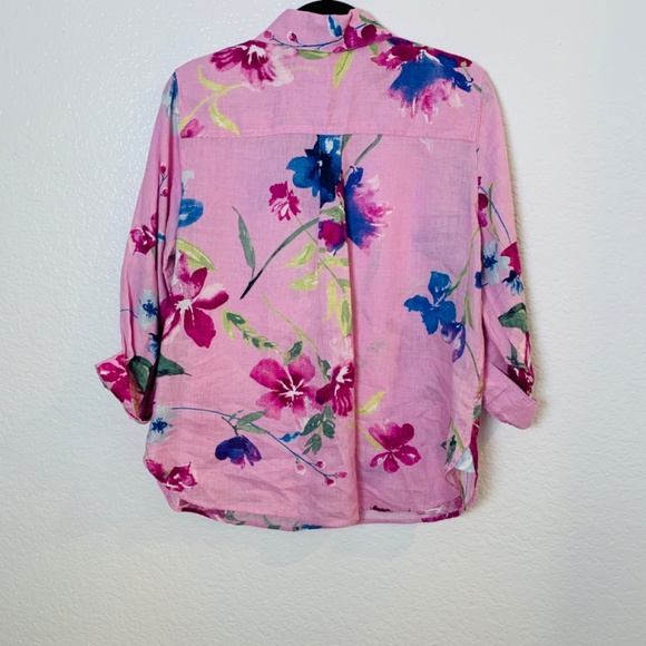 Chico's Linen Button Up Shirt Size 10 Pink Floral Tropical Hawaiian Vacation - Picture 9 of 11